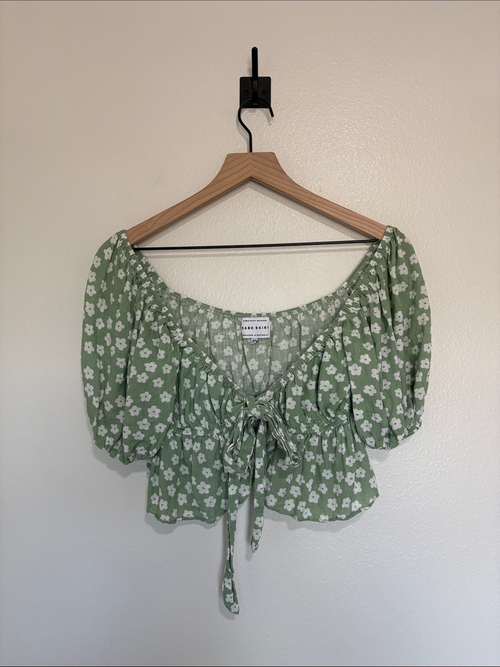SABO Skirt Daisy Floral Woven Crop Bow Peplum Puff Sleeve Shirt Boho Green XS